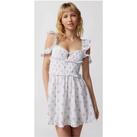 For Love & Lemons Remi Mini Floral Lace Open Back Dress w Built in Corset - Picture 1 of 11